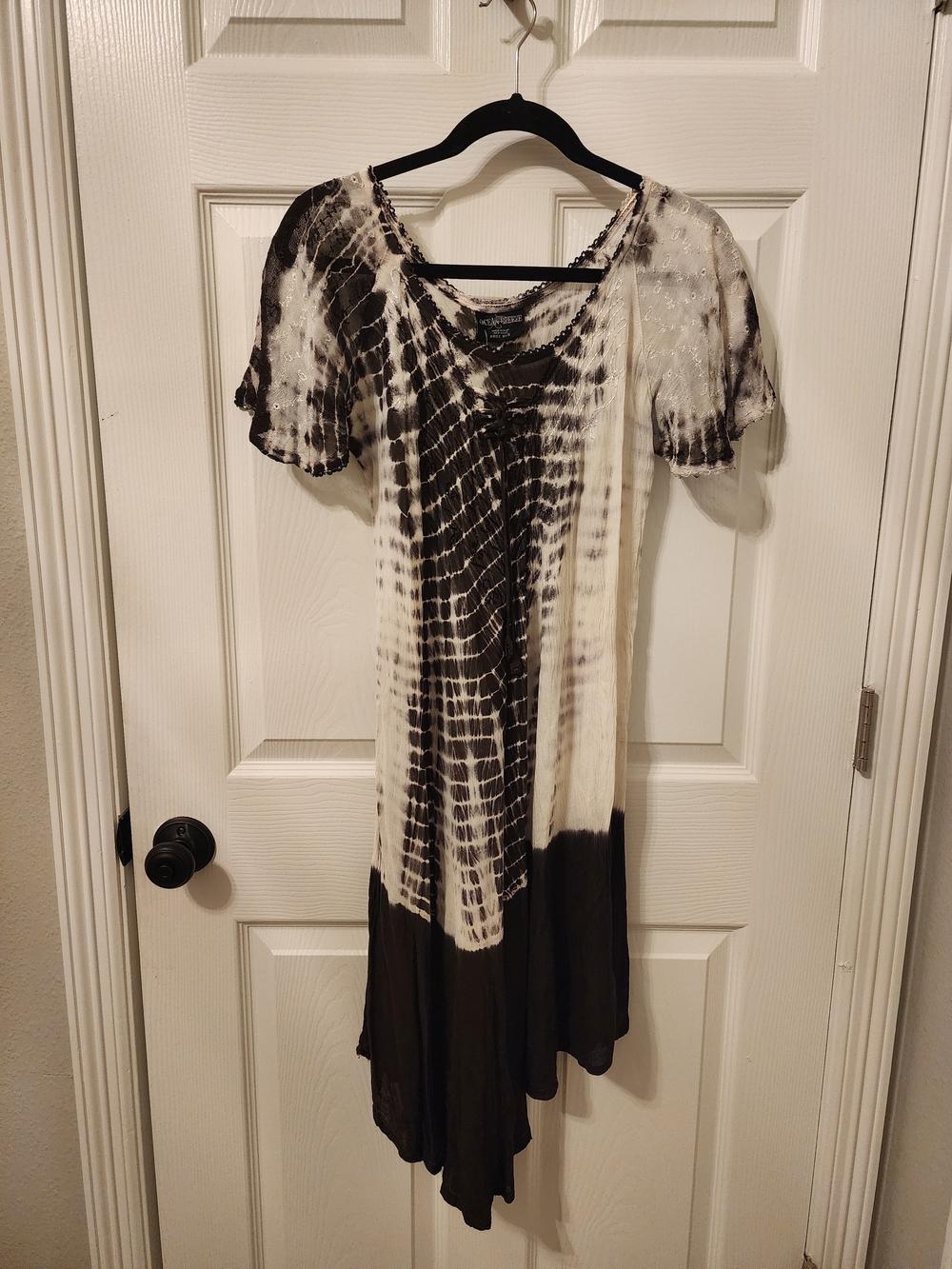 Asymmetrical Tie-Dye Midi Dress - Dark Brown & White Boho NWT